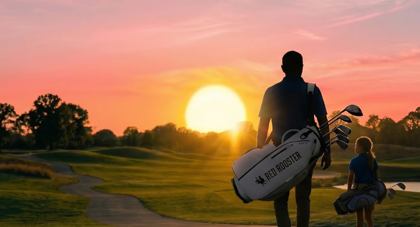 Father and daughter walking a golf course at sunset with golf bags